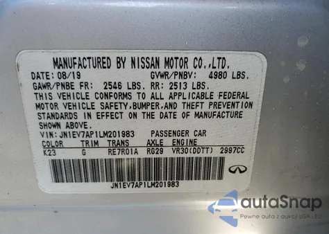 2020 Infiniti Q50 Pure из США, поврежденный, VIN JN1EV7AP1LM201983